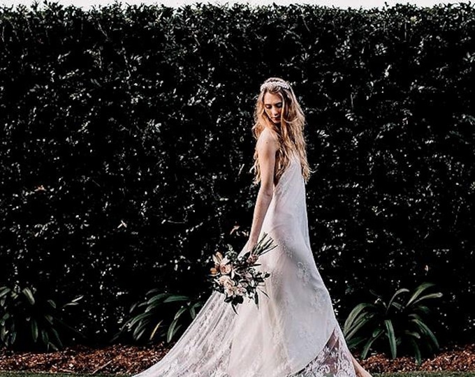 Chantilly Lace low back Boho Wedding gown, White lace halter neck Bohemian wedding dress