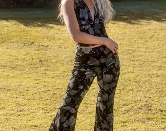 Pantalones acampanados de terciopelo con estampado floral rosa, pantalones acampanados con estampado de flores negras y plateadas, pantalones acampanados de terciopelo bohemio elásticos de los años 70