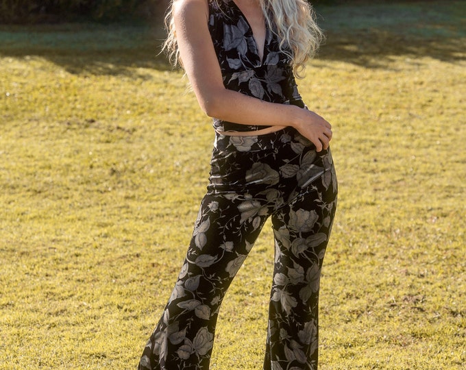 Rose Floral Velvet Flares, Black and Silver Flower Print flares Stretch Boho 70s Velvet bell bottoms