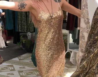 Gold Sequin spangled Dress, Glam Gatsby beaded Slip Dress, sequin evening mini dress.