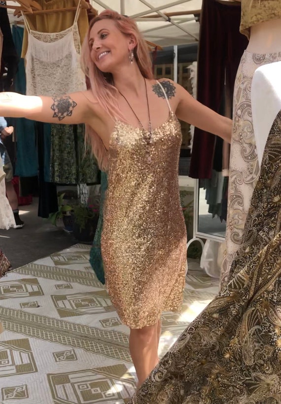 Gold Sequin spangled Dress, Glam Gatsby beaded Slip Dress, sequin evening mini dress.