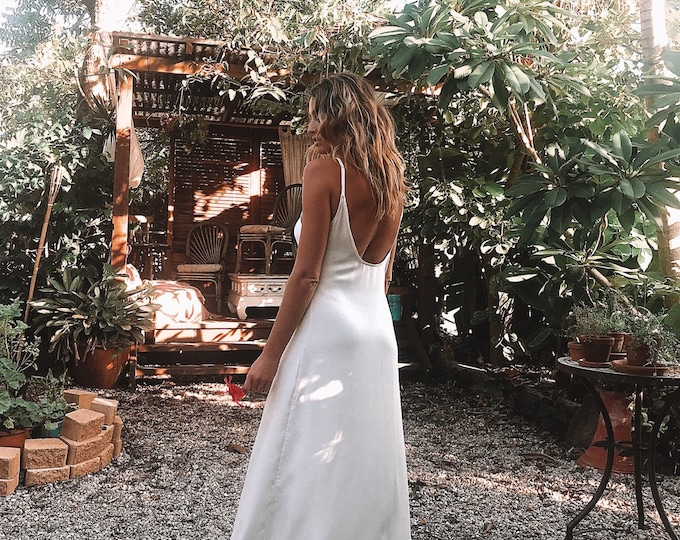 Luna Bamboo Silk low back Wedding Gown,  Bohemian Bridal Silk open back Dress with split