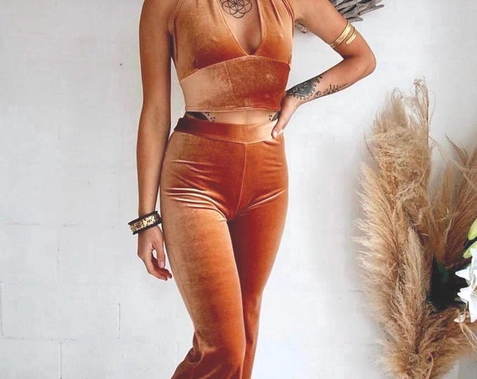 Retro luxe Velvet Bell Bottoms: Copper rust Luxe 70s high waist Flares