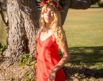 Hibiscus Red Eco Silk Dress: Cross Back Strappy Boho Bridesmaid Dress