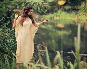 50% Deposit, Angel Lace Bohemian Beaded Bridal Kaftan Dress with Slip Dress, Gypsy Boho Wedding Dress