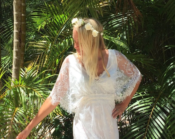 Chantilly Lace Butterfly Sleeve long dress, Bohemian beach wedding dress