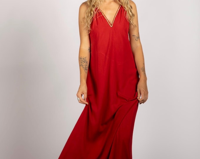 Goddess Red Halter Maxi Dress: Gold Beaded Low Back, Eco Bamboo Boho valentines dress