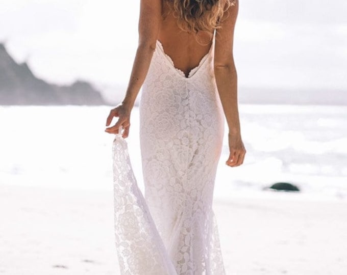 50% Deposit Mermaid Bohemian lace wedding dress with train, low back neckline Beach Boho Wedding dress