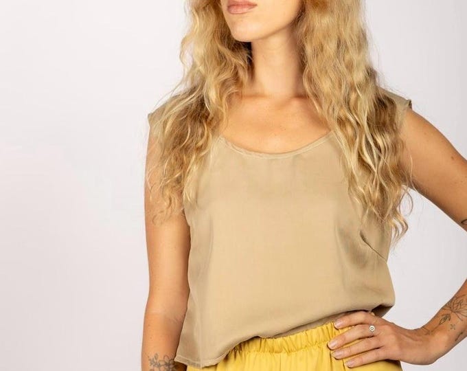 Handmade Latte Bamboo Lyocell Tank Top: Relaxed Sleeveless Crop