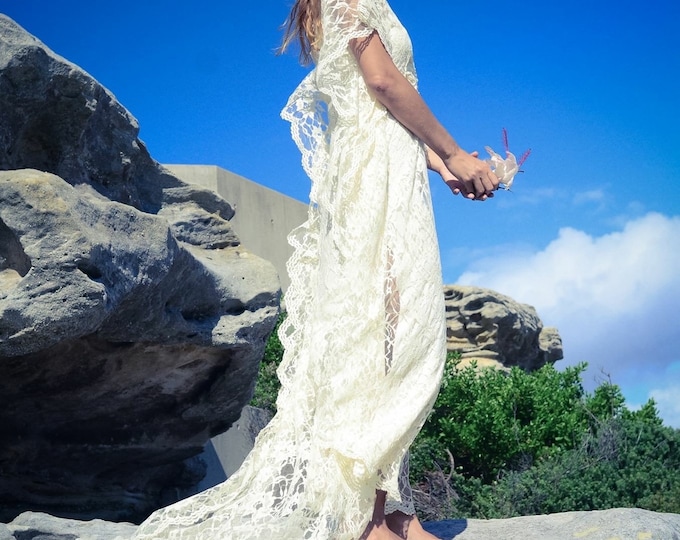 50% Deposit Bohemian Lace Beaded Train Bridal Kaftan, Boho Beach low back Wedding Dress