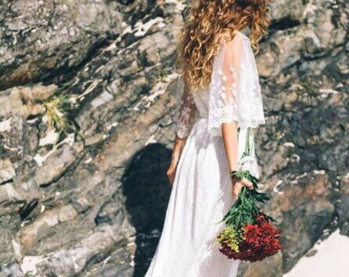 50% Deposit Divine Butterfly flare Sleeve Bridal dress, boho wedding dress lace sleeves, Bohemian beach wedding dress with lace tier hem