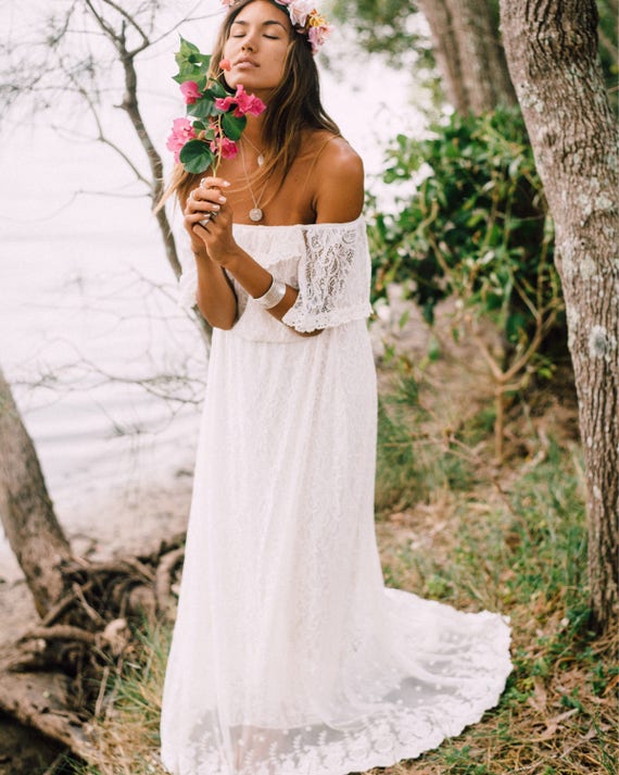 Divine Gypsy Sleeve Bridal dress with train, Bohemian beach wedding dress