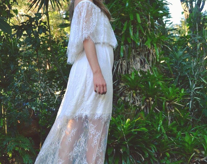 50% deposit Chantilly Lace Gypsy Wedding dress, off shoulder lace Bohemian wedding dress