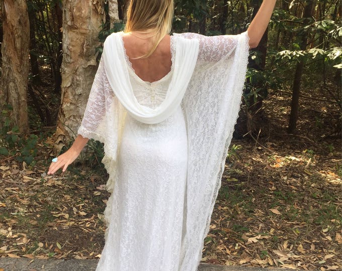 Angel Hood Veil Lace Bohemian Beaded Bridal Kaftan Dress, Gypsy Wedding Dress with Hood veil