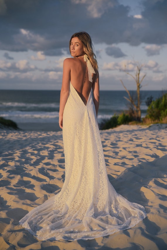 Divine Lace Bohemian wedding halter  dress with train, Beach low back Boho Wedding dress