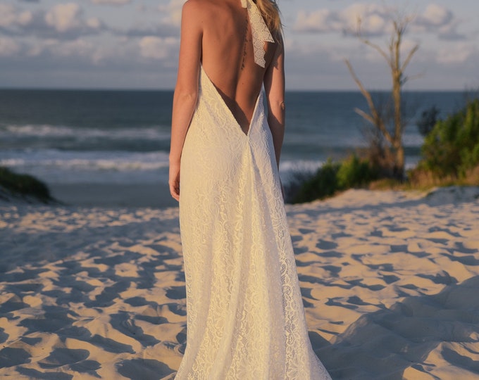 Divine Lace Bohemian wedding halter  dress with train, Beach low back Boho Wedding dress