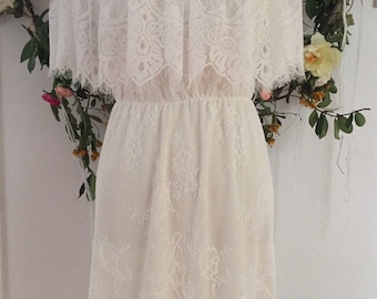Chantilly Lace Gypsy sleeve Mini Dress, Handmade Bohemian Off Shoulder Elopement Dress