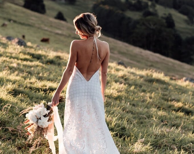 Amelia White Cotton Lace Bohemian Bridal Dress with Train, Boho Low Back Lace Wedding Dress