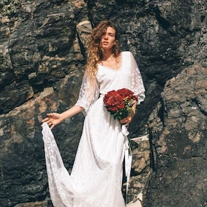 50% DEPOSIT Butterfly Love Sleeve Bridal dress with small train, Flutter wing sleeve  Bohemian beach wedding dress, boho wedding dress