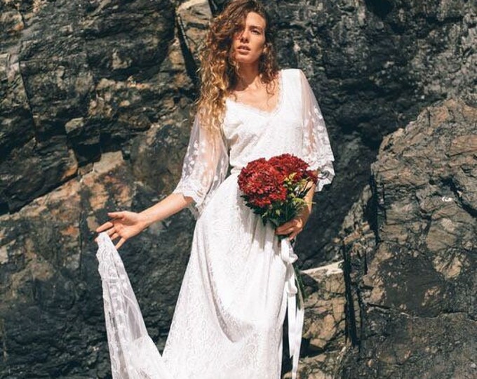 50% DEPOSIT Butterfly Love Sleeve Bridal dress with small train, Flutter wing sleeve  Bohemian beach wedding dress, boho wedding dress