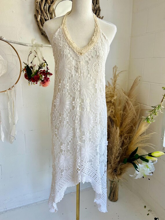 Handmade Lily White Cotton Crochet Lace Halter Dress, Low Back Bohemian Bridesmaid - Etsy Handmade Lily White Cotton Crochet Lace Halter Dress, Low Back Bohemian Bridesmaid - Etsy