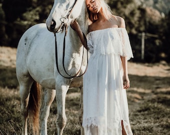 Vestido de novia bohemio de encaje Chantilly, manga gitana, vestido de novia hecho a mano
