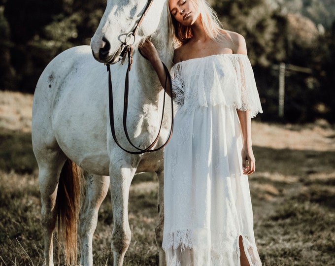 Chantilly Lace Gypsy off the shoulder Boho Wedding Dress