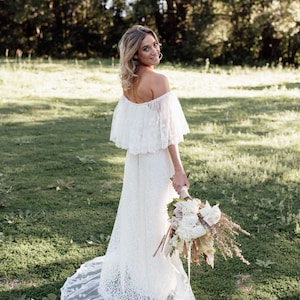 Divine Gypsy Frill Sleeve Bridal dress with train, Bohemian wedding dress image 1