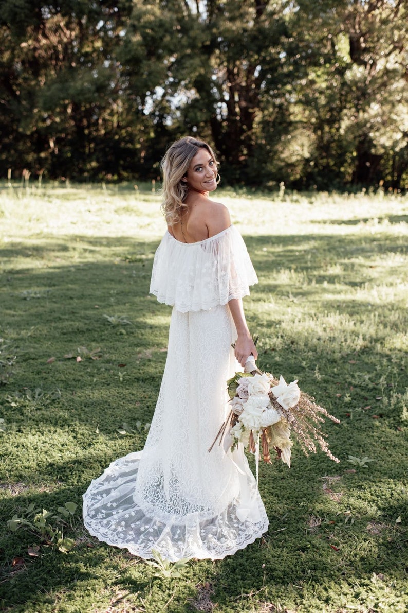 Divine Gypsy Frill Sleeve Bridal dress with train, Bohemian wedding dress image 1