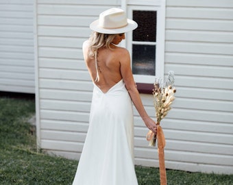 Goddess Eve Bamboo Silk low back halter Wedding dress with train, Bohemian Bamboo Silk wedding dress