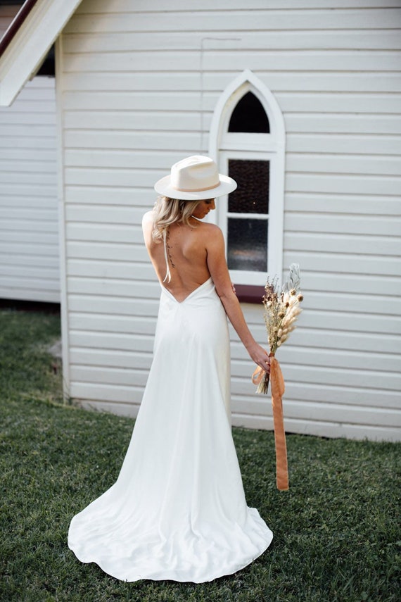 Goddess Eve Eco Satin Halter Wedding Dress: Pearl Low Back Bohemian Gown with Train Goddess Eve Eco Satin Halter Wedding Dress: Pearl Low Back Bohemian Gown with Train