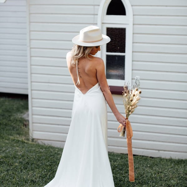 Goddess Eve Bamboo Silk low back halter Wedding dress with train, Bohemian Bamboo Silk wedding dress