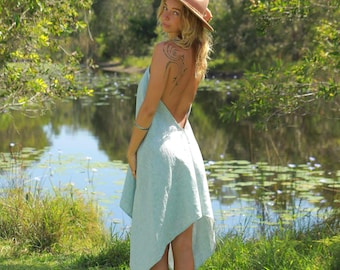 Sky Blue Linen Sundancer Dress: Handmade Boho Low Back Halter Summer dress