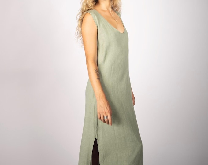 Linen Queen Handmade Sage Maxi Dress: Organic Side Split Long Dress