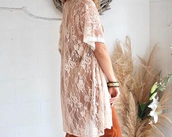 Bohemian Paisley Lace long Kimono, Boho vintage Cream beige Lace Wedding duster cover up