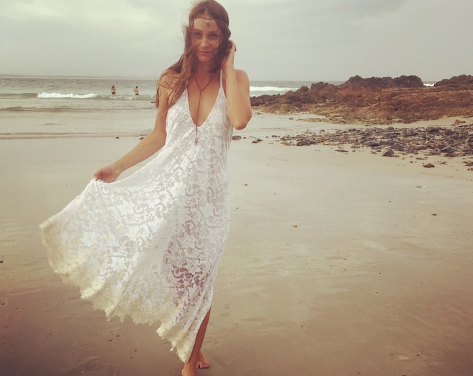 Divine Lace Bohemian Bride halter dress, Low Back Wedding Dress