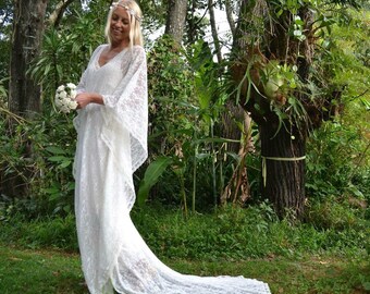 Gypsy Lace Beaded Train Bridal Kaftan, Vintage Lace Beach Wedding Dress