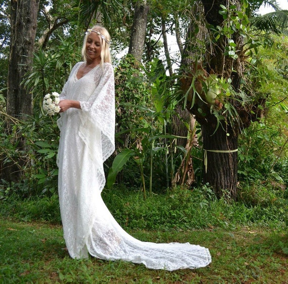 Gypsy Lace Beaded Train Bridal Kaftan, Vintage Lace Beach Wedding Dress