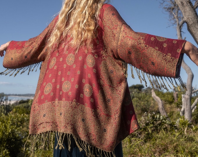 Pachamama Paisley reversible Kimono, Gypsy tie tassel jacket, Paisley Boho Fringe duster handmade