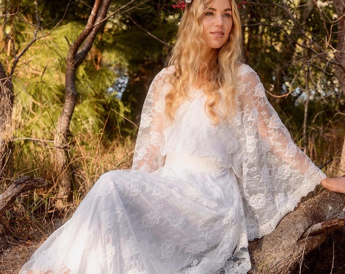 50% Deposit for Stardust Metallic Lace beaded Bridal Kaftan Dress, Gypsy Boho Lace Sleeve Wedding Dress