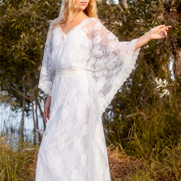 Stardust Metallic Lace beaded Kaftan wedding Dress, Gypsy Boho Cream lace Angel wing sleeve Wedding Dress