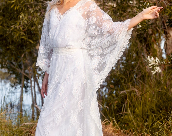 Stardust Metallic Lace beaded Kaftan wedding Dress, Gypsy Boho Cream lace Angel wing sleeve Wedding Dress