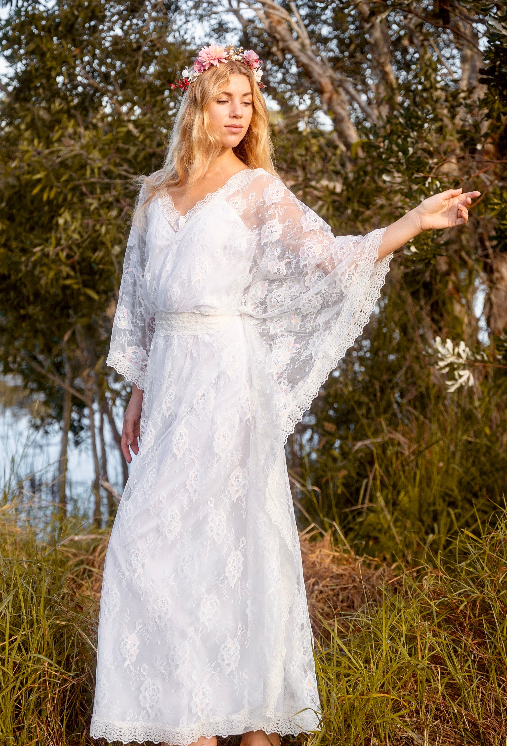 Stardust Metallic Lace beaded Kaftan wedding Dress Gypsy Boho Cream lace Angel wing sleeve Wedding Dress
