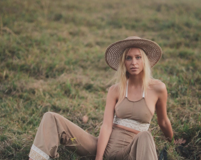 Retro Suede Crop Top: Boho Halter with Crochet Braid Trim