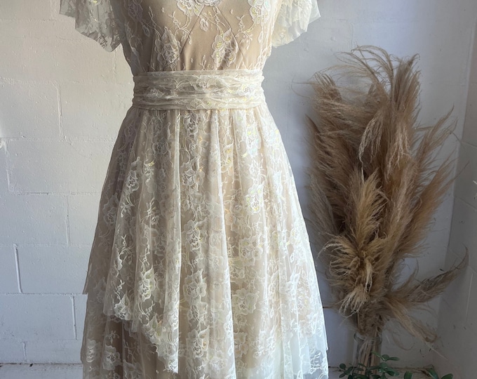 50% Deposit Angel Fairy Gold Lace Wedding dress, Gypsy  Cream Hanki hem Lace Wedding Dress