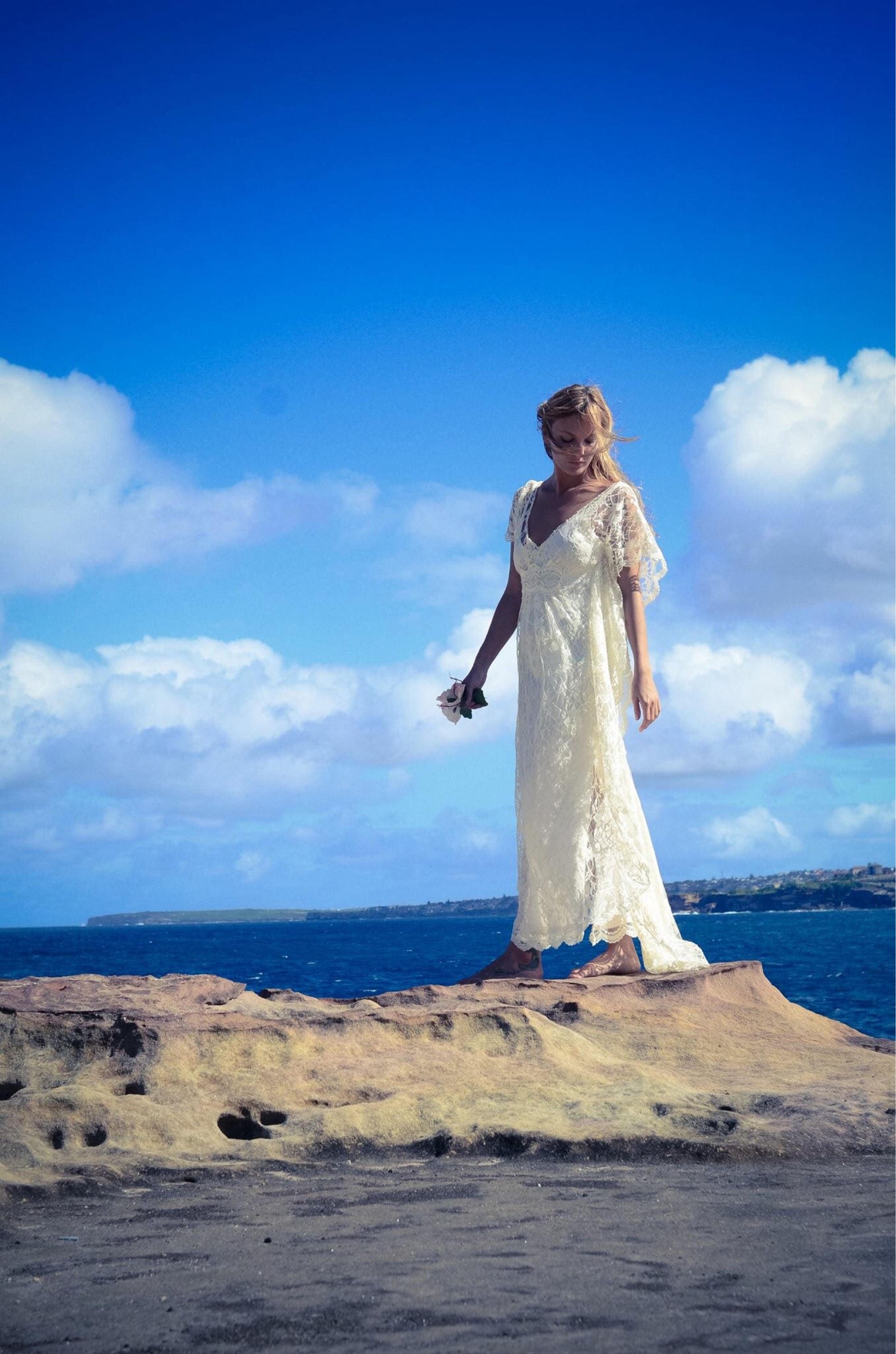 Bohemian Lace Beaded Train Bridal Kaftan Beach Boho Lace sleeve Wedding Dress with train