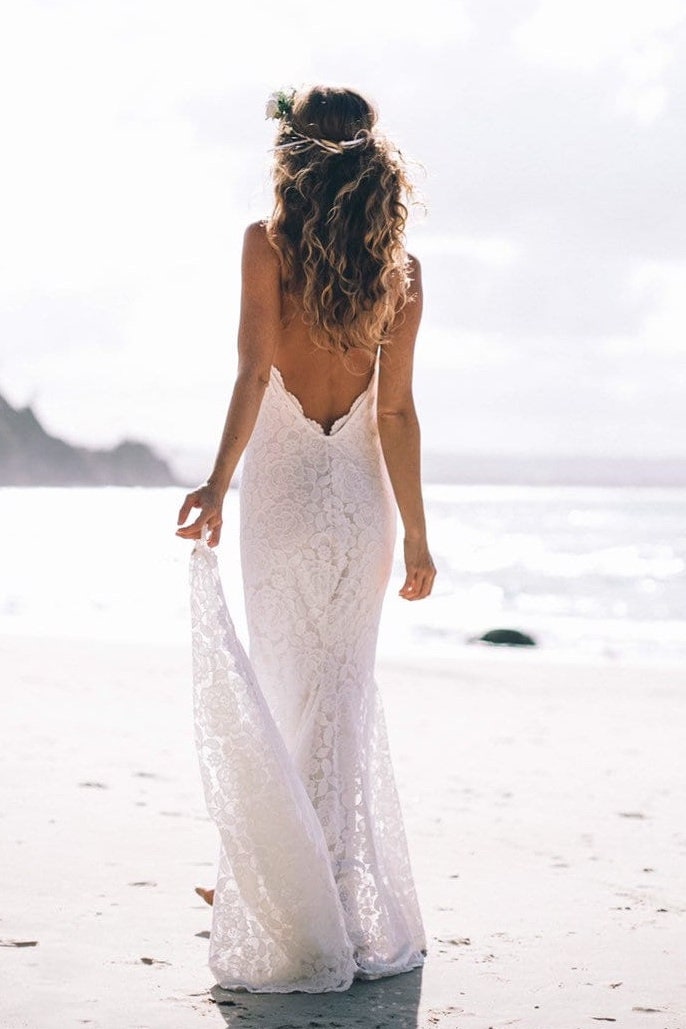 Mermaid white lace low back wedding dress with train