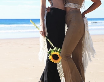 Desert 70s Suede Bell Bottoms: Stretch Boho Flares with Braid Trim