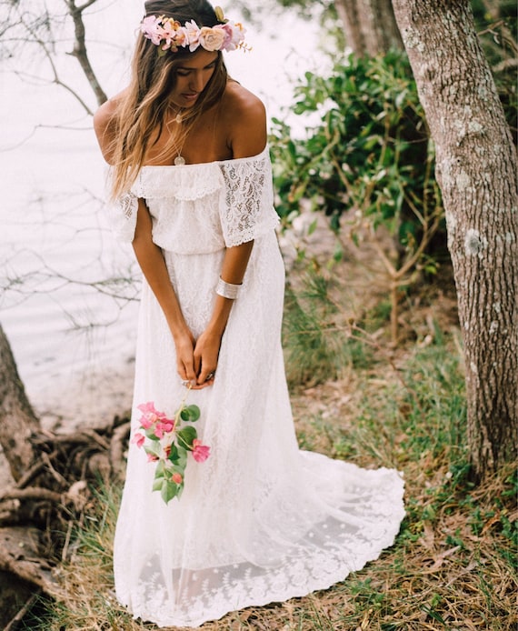 50% Deposit Divine Gypsy Sleeve Bridal dress with train, Bohemian beach wedding dress
