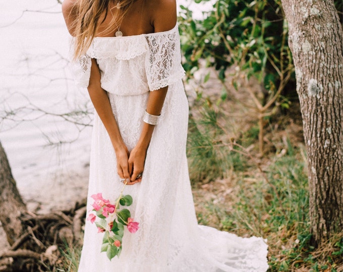 50% Deposit Divine Gypsy Sleeve Bridal dress with train, Bohemian beach wedding dress